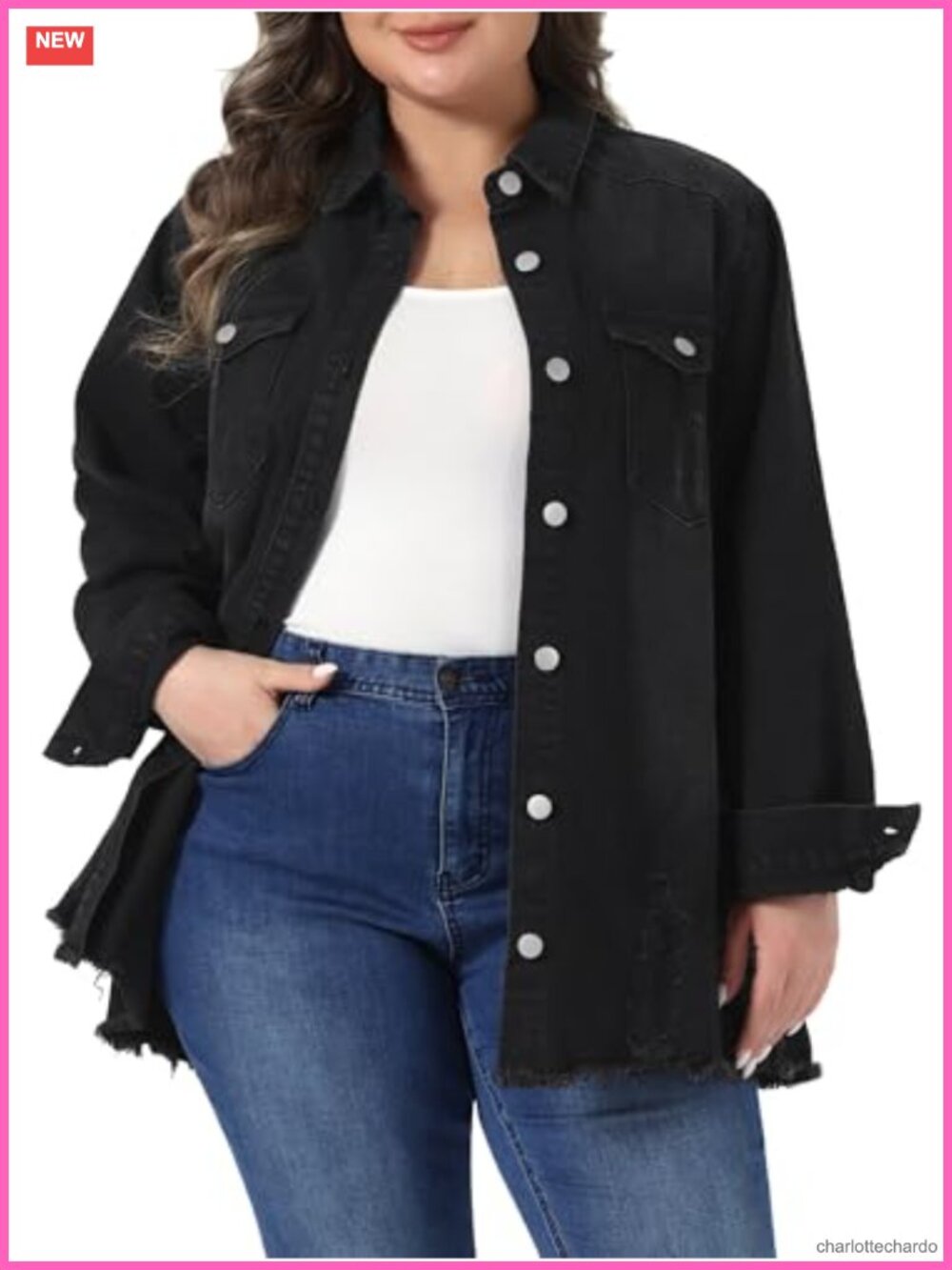 Plus Size Denim Jacket Oversized Ripped Long Sleeve Button Down